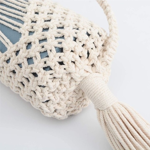 Macrame Yoga Bag Cotton Handmade w/ Tassel Fringe • Bohemian Yoga Accessories - Picture 4 of 5